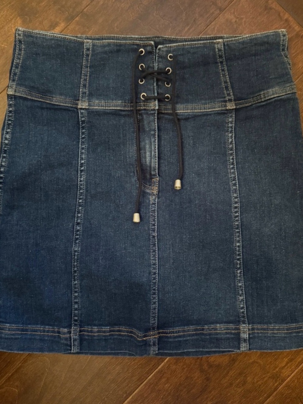 Free People Dark Wash High Rise Femme Corset Lace-Up Denim Mini Skirt Size 10